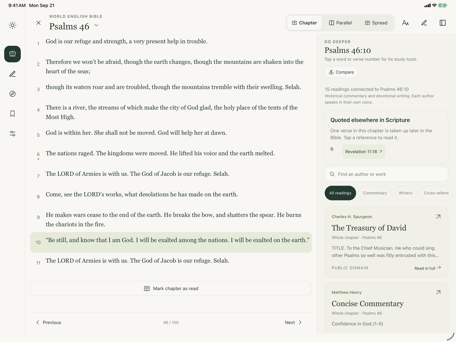 Psalm 46 open on the iPad desk, with the commentaries on Psalm 46:10 beside it.